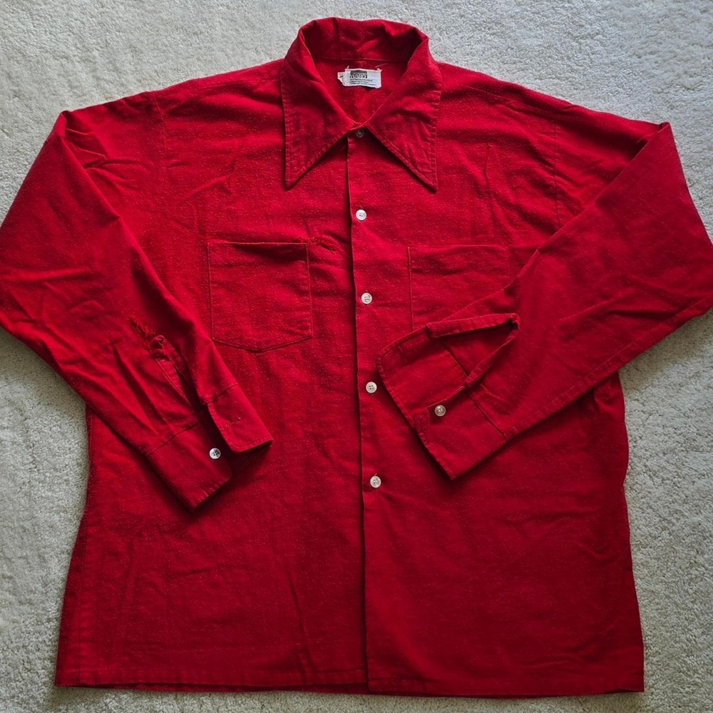 Vintage 1960s Montgomery Ward Red Flannel Shirt‎ Sz L Distressed No-Iron Fabric